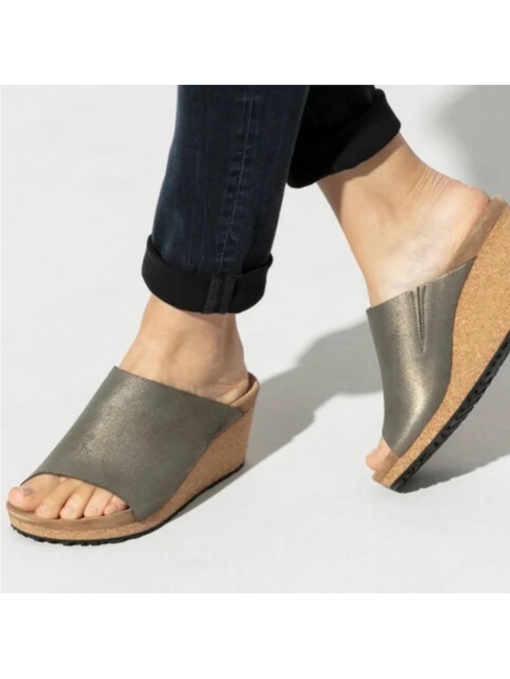 BIRKENSTOCK
Papillio By Namica Narrow Suede Wedge Sandal In green gold size 38